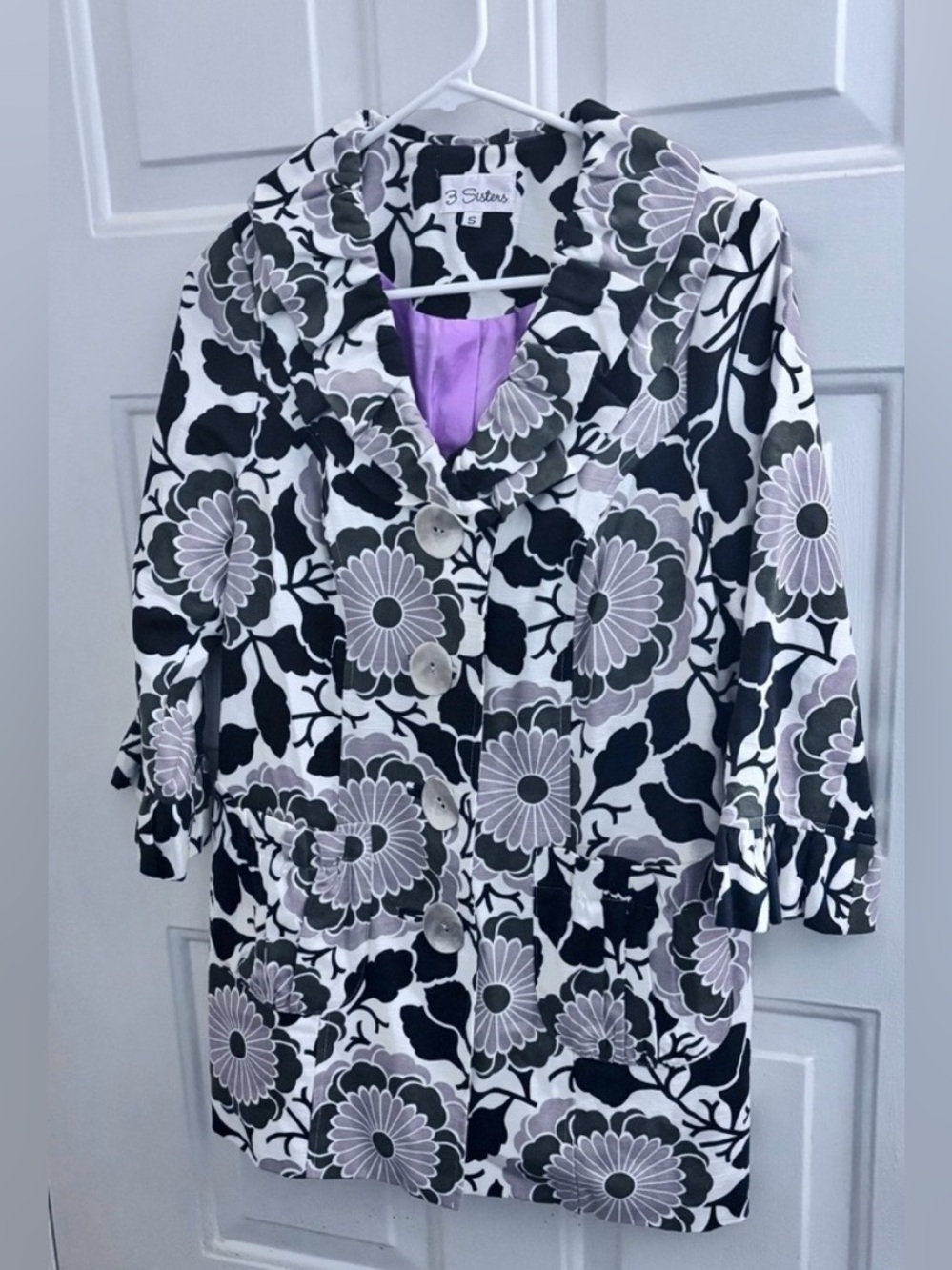 3 Sisters Black & White Floral Swing /Trench Jacket with Lilac Accents